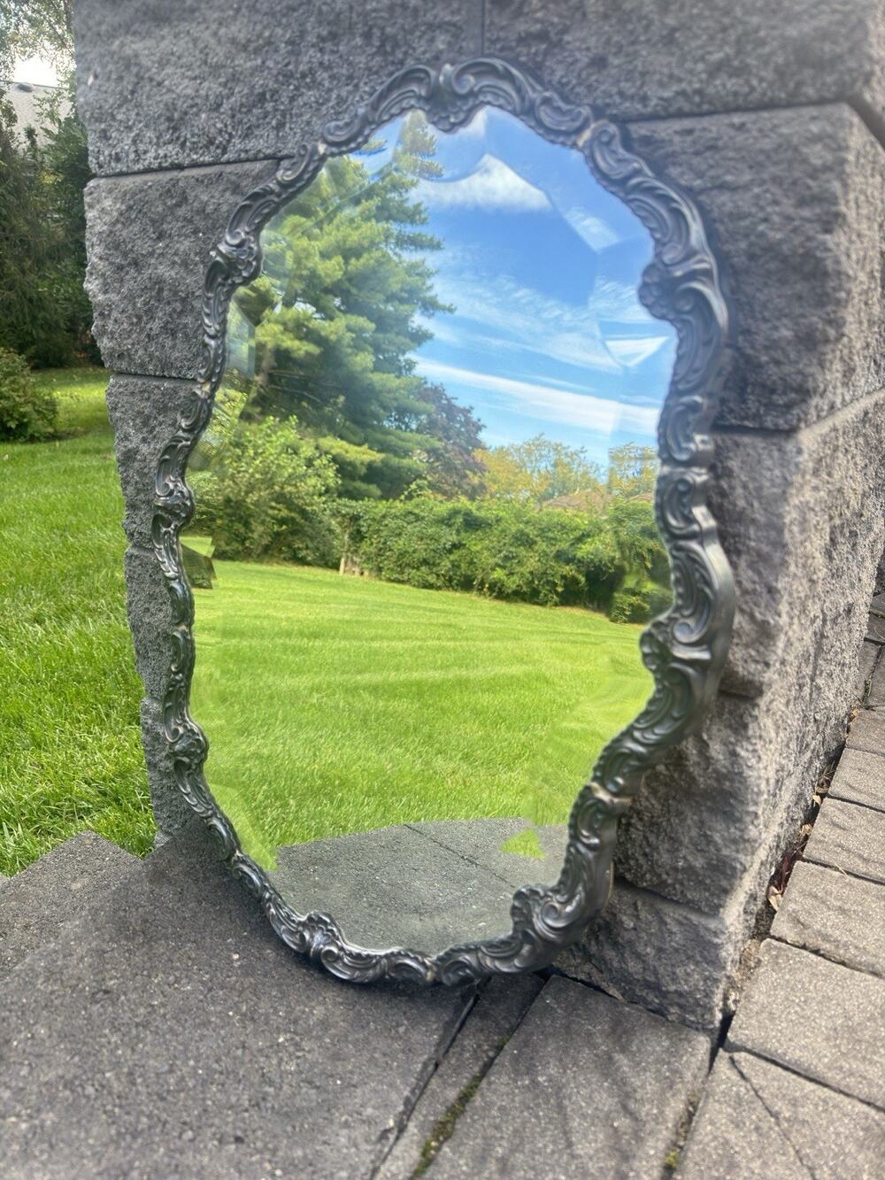 Peruvian Sterling Silver 925 Ornate Vanity Mirror Beveled Wall Tray 22.5x16.5”